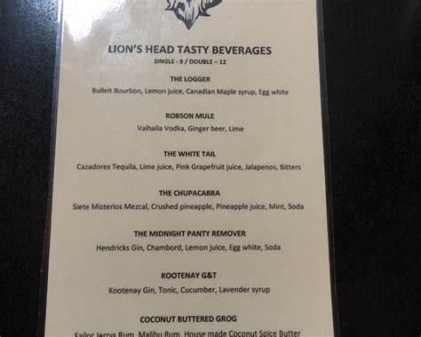 Menu at The Lions Head Smoke & Brew Pub, Castlegar.